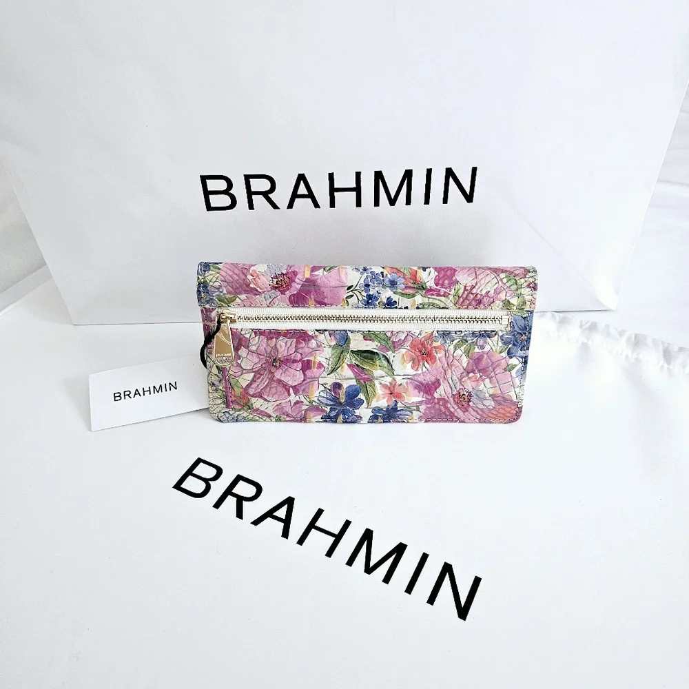 Brahmin Floral Leather Wallet in Pink, Blue, Green